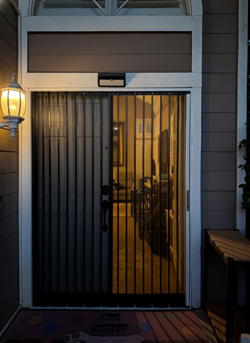 Black folding screen closed across a double front door with an arched transom at dusk