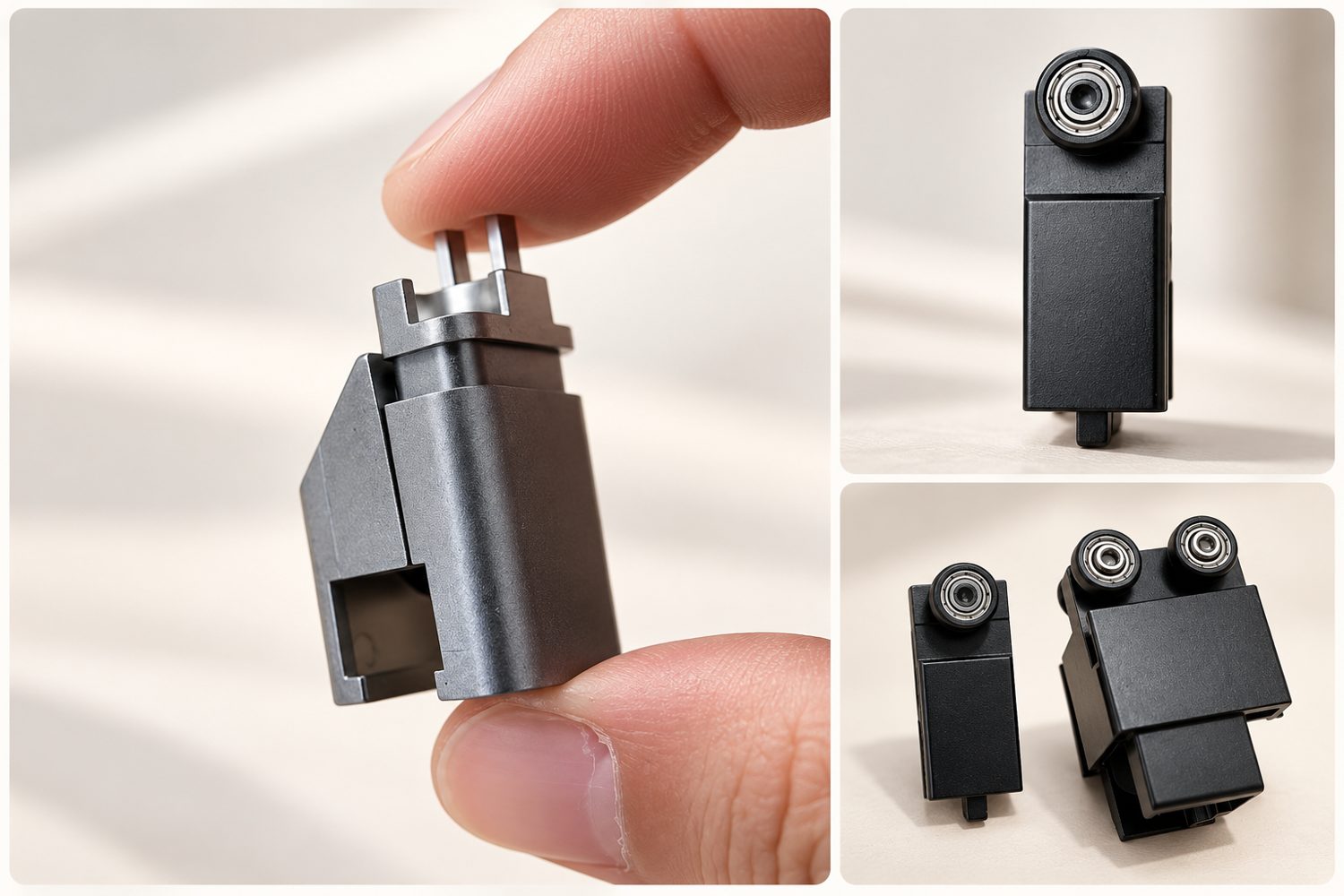 Close-up of the small black metal rollers that carry the SolSeen screen along its track