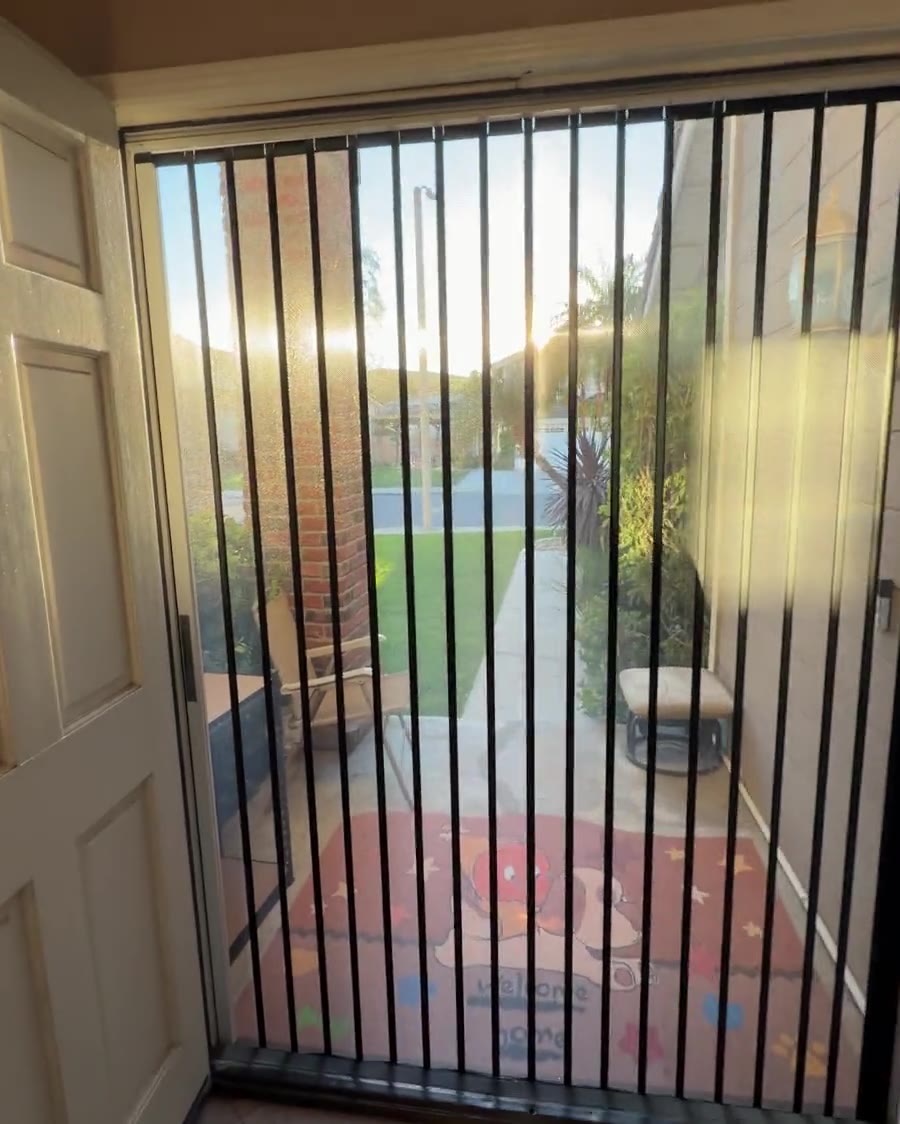 View from inside a home through a closed black SolSeen screen to a sunny yard
